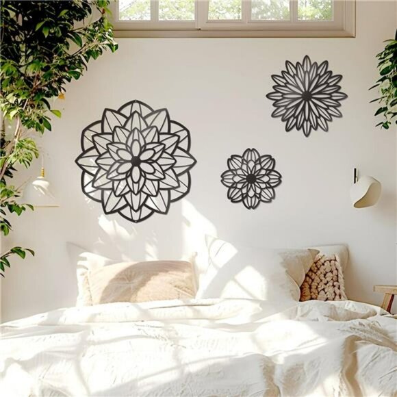 Metal Flower Wall Decor Set of 3 Black Hanging Art for Bathroom Living Room - Picture 6 of 7